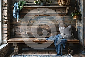 Concept Home Decor, Farmhouse entrance wallmounted coat rack above rustic bench in modern design