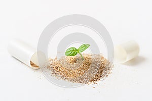 The concept of homeopathy. Scattered powder from a tablet with a mint leaf on a white background