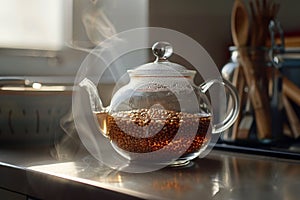 Concept of hot drink with buckwheat tea in glass teapot on gray textured table