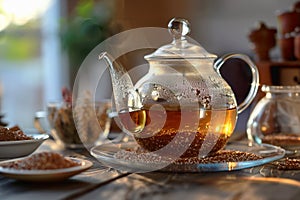 Concept of hot drink with buckwheat tea in glass teapot on gray textured table