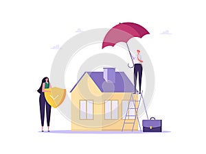 Concept of house insurance, property, real estate. Man and woman buy and use insurance for protect house. Vector illustration in