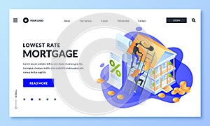 Concept of house loan, money investment to real estate. Couple pay home mortgage rate. Vector 3d isometric illustration