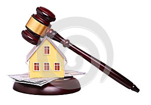 Concept of house sale with gavel and money isolated