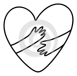 Concept hug man or woman feeling love gesture. Hand drawn hands inside heart symbol. Logo icon illustration for young