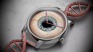 Concept of human biological watch, watch face is designed to resemble an actual human eye. Hands are eyelashes, and photo