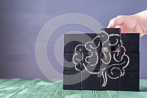 The concept of the human brain. Education, science and medical concept.  Brain drawn in chalk on black cubes