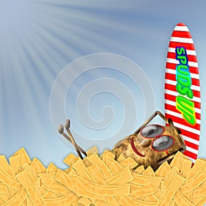 Concept Humor Background - Potato, sunglasses/surf board on frenchfries