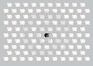 Concept idea, a black sheep in group of many white sheep on grey colour of background, flat line vector and illustration.