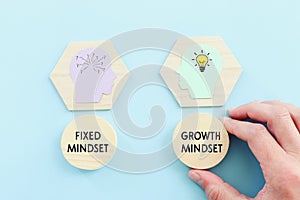 concept idea of choosing the right strategy. Fixed mindset vs Growth mindset