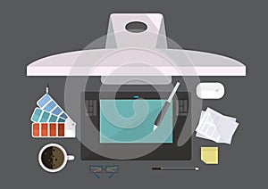 Computer and equipments of creative graphic designer, flat line vector and illustration, concept idea.