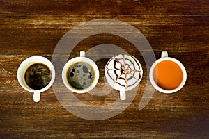 Concept and idea cup of coffee and tea line up