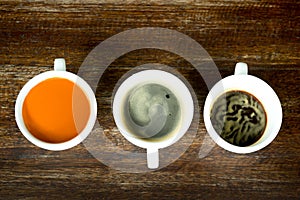 Concept and idea cup of coffee and tea line up