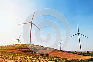 concept idea eco power energy. wind turbine on hill