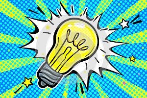 Concept of Idea. Light bulb in pop art style on blue background.