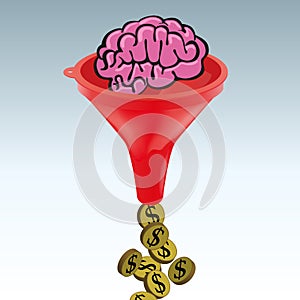 A brain that turns into dollars by passing through a funnel to illustrate an idea that makes money. photo