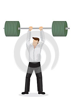 Concept illustration of a businessman lifting a heavy weight. Concept of achievement, willpower and good performance