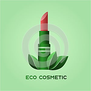 Concept illustration of ecologic and healthy cosmetics. Tube of pink lipstick in a green package and leaves