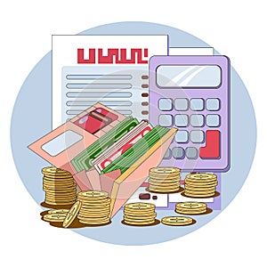 Concept illustration of financial literacy and profit. Open wallet with banknotes around gold coins on background of pay sheet