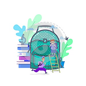 Concept illustration of a huge school backpack and around children - metaphor. Back to school