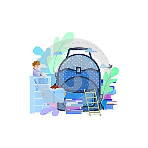 Concept illustration of a huge school backpack and around children read books - metaphor. Back to school