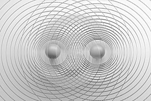 Concept illustration for interaction, connection with two balls particles and field lines in black and white colors