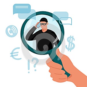 Concept illustration of internet crime, social media fraud. Hand with a magnifying glass over a criminal calling on a smartphone.