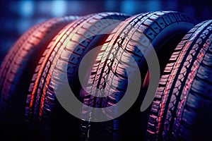 New tires pile on a dark background. Tyre fitting background. Stock of car tires. Generative AI photo