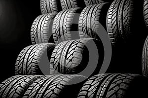 New tires pile on a dark background. Tyre fitting background. Stock of car tires. Generative AI photo