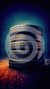 New tires pile on a dark background. Tyre fitting background. Stock of car tires. Generative AI