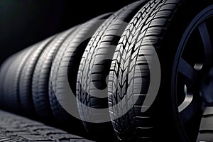 New tires pile on a dark background. Tyre fitting background. Stock of car tires. Generative AI photo