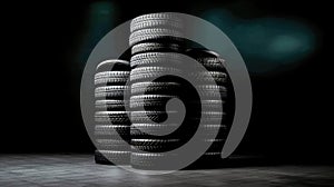 New tires pile on a dark background. Tyre fitting background. Stock of car tires. Generative AI photo