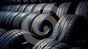 New tires pile on a dark background. Tyre fitting background. Stock of car tires. Generative AI photo