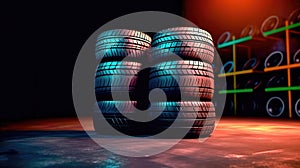 New tires pile on a dark background. Tyre fitting background. Stock of car tires. Generative AI photo