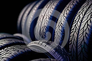 New tires pile on a dark background. Tyre fitting background. Stock of car tires. Generative AI photo