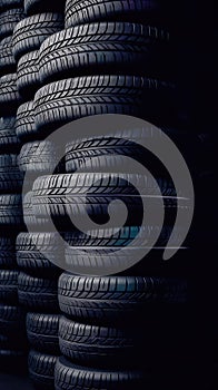 New tires pile on a dark background. Tyre fitting background. Stock of car tires. Generative AI photo