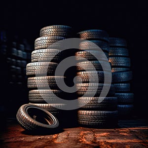 New tires pile on a dark background. Tyre fitting background. Stock of car tires. Generative AI photo