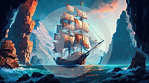 An old ship is sailing on the sea. Seascape. Book illustration. A scene from a video game. Serious digital painting. Generative AI