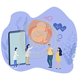 Concept illustration of online prenatal check. Illustration of embryo, phone, pregnant women, doctors