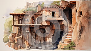 Concept Illustration Of Orientalist House On Cliff With Romanesque Architecture