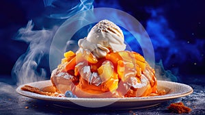 Piece of hot apple pie with vanilla ice cream. Incredibly appetizing delicious culinary illustration. Generative AI