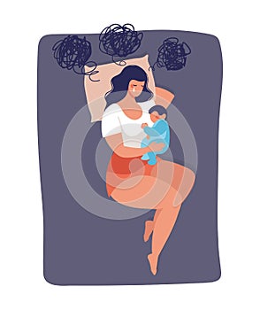 Concept illustration about postpartum depression, worry, and anxiety of a young mom. The woman sleeps with a baby on the