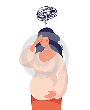 Concept illustration, a pregnant woman feels bad, worries, doubts the future, single mother. Difficulty during pregnancy. Flat