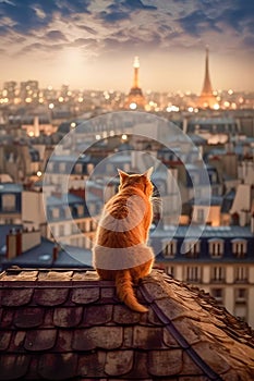 A red tabby cat sits on the roof of a house in Paris and looks at the moon, a beautiful view. Generative AI