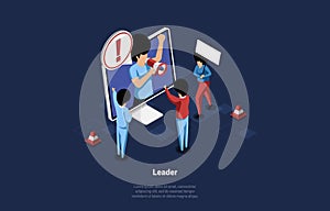 Concept Illustration Of Social Media Leader. Group Of People Looking At Laptop. Person With Loudspeaker Speaking From