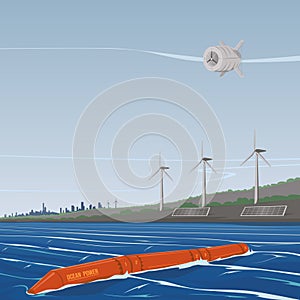 Concept illustration of technology for renewable energy. Presented are a wave power plant, a solar panel, a wind generator and a