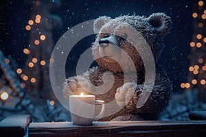 A tiny bear sitting on a wooden chair by the fire with a cup of hot chocolate, starry night, magic snow background. Generative AI