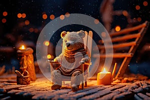 A tiny bear sitting on a wooden chair by the fire with a cup of hot chocolate, starry night, magic snow background. Generative AI