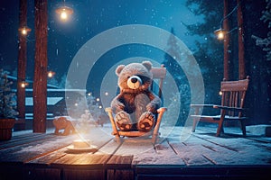 A tiny bear sitting on a wooden chair by the fire with a cup of hot chocolate, starry night, magic snow background. Generative AI