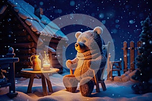 A tiny bear sitting on a wooden chair by the fire with a cup of hot chocolate, starry night, magic snow background. Generative AI