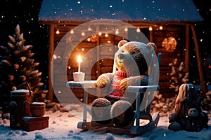 A tiny bear sitting on a wooden chair by the fire with a cup of hot chocolate, starry night, magic snow background. Generative AI